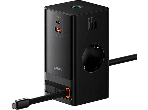 Cargador de pared - Baseus PowerCombo Tower 5 in 1, Universal, 65W, Negro