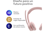 Auriculares inalámbricos - Logitech Zone 300, Bluetooth, Micrófonos (volteable) con cancelación de ruido, Hasta 20h batería, Multidispositivo, Rosa