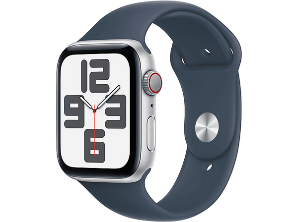 APPLE Watch SE (2023), GPS+CELL, 44 mm, Caja de aluminio plata, Vidrio delantero Ion-X, Talla S/M, Correa deportiva azul tempestad