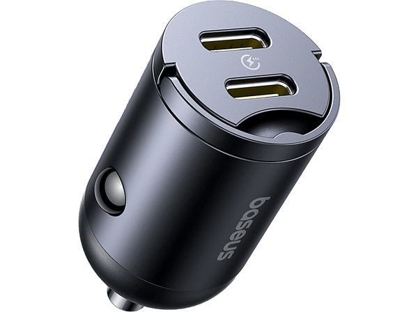 Cargador coche - Baseus Tiny Star Mini, 30W, 2x Tipo-C, Carga rápida, Multidispositivo, Con pestaña de extracción, Universal, Negro Cosmic