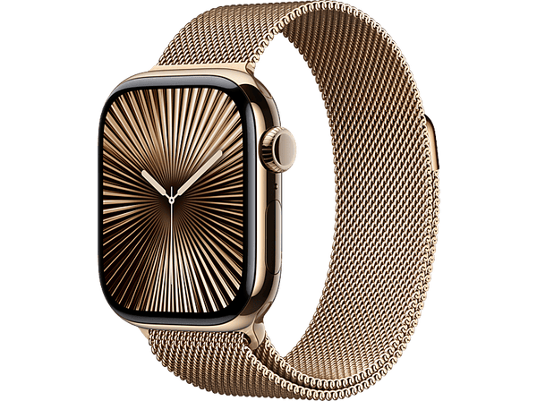 Apple Watch Series 10 (2024), GPS + Cellular, 42 mm, Gesto de doble toque, Caja de titanio Oro, Correa Milanese Loop Oro