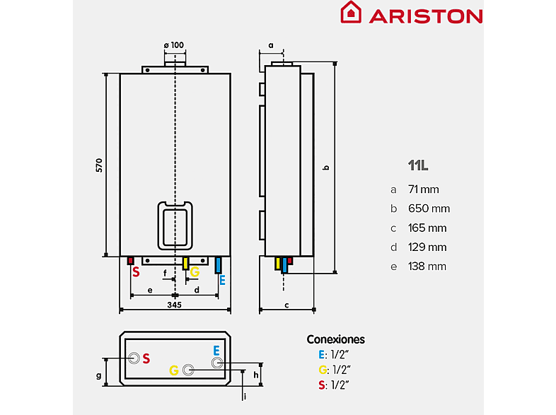 Calentador a gas - Ariston NEXT EVO X SFT11  GLP BLU EU, 11L, Funciona con gas natural/ butano/ propano, 22/7.8 Kw, Estanco, Blanco + KIT Salida humos