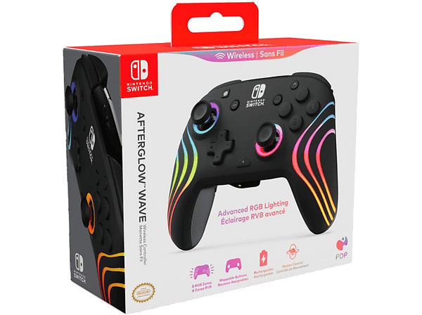 Mando - PDP Afterglow Wave Wired, Con cable, Iluminación RGB, Para Nintendo Switch, Negro
