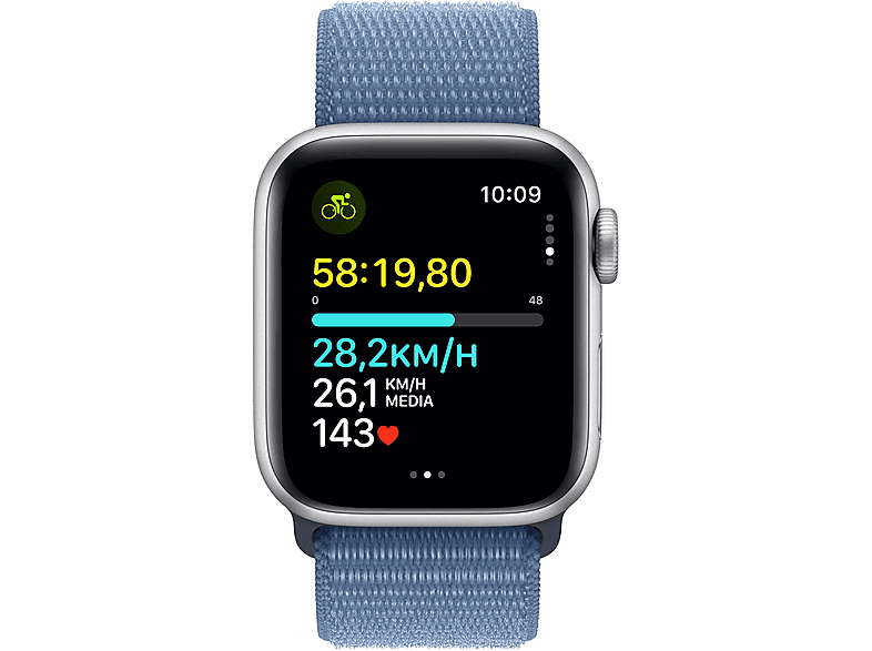 APPLE Watch SE (2023), GPS, 40 mm, Caja de aluminio plata, Vidrio delantero Ion-X, Correa Sport Loop azul invierno