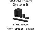 Barra de sonido - Sony BRAVIA Theatre System 6 (HTS60), 5.1 sonido surround, 1000W, Altavoces traseros, Subwoofer, Dolby Atmos, AI Voice Zoom 3, DSEE