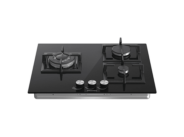 Placa de gas - Hisense GG633B, 3 zonas, 58 cm, Gas Natural, Encendido fácil, Fogón Wok, Cristal Negro