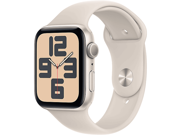APPLE Watch SE (2023), GPS, 44 mm, Caja de aluminio blanco estrella, Vidrio delantero Ion-X, Talla S/M, Correa deportiva blanco estrella