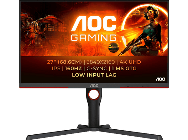 Monitor gaming - AOC U27G3X/BK, 27", UHD 4K, 1 ms, 160 Hz, HDMI, DisplayPorts, Altura Ajustable, G-SYNC Compatible + Adaptive Sync, Negro, Rojo