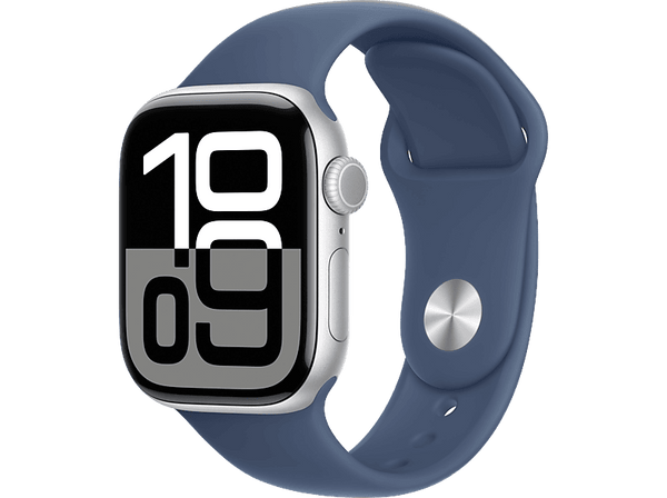 Apple Watch Series 10 (2024), GPS + Cellular, 42 mm, Gesto de doble toque, Caja de aluminio plata, Correa deportiva Azul denim, Talla M/L
