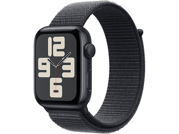 Apple Watch SE (2024), GPS, 44 mm, Caja de aluminio Medianoche, Vidrio delantero Ion-X, Correa Loop deportiva Tinta