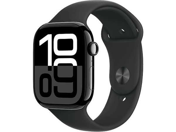 Apple Watch Series 10 (2024), GPS, 46 mm, Gesto de doble toque, Caja de aluminio Negro azabache, Correa deportiva Negra, Talla M/L