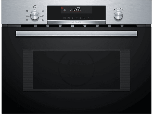 Horno compacto con microondas - Bosch CMA585GS1, Multifunción, Limpieza por agua, 44 l, Mandos ocultables, calentamiento 3D Profesional, 60 cm, Inox