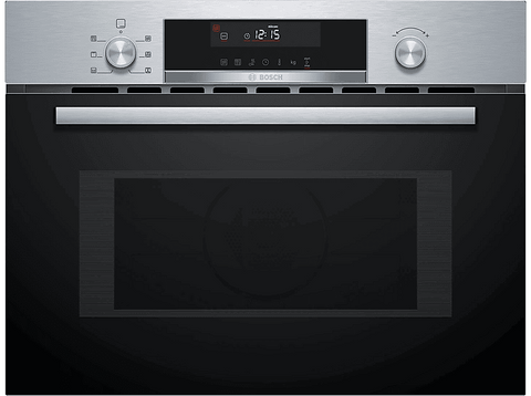 Horno compacto con microondas - Bosch CMA585GS1, Multifunción, Limpieza por agua, 44 l, Mandos ocultables, calentamiento 3D Profesional, 60 cm, Inox
