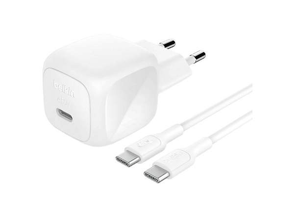 Cargador móvil - Belkin BoostCharge Cargador de pared compacto USB-C de 45 W + cable USB-C, Universal, Blanco