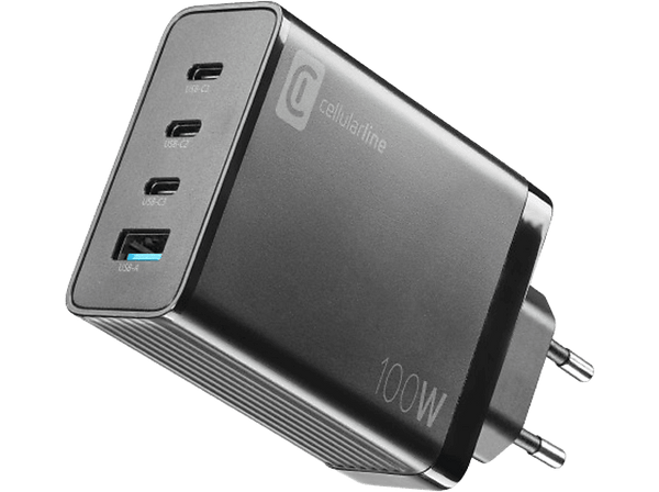 Cargador - CellularLine ACHUSBGAN4WAL100WK, USB- C, 100 W, 4 puertos, Universal, Negro