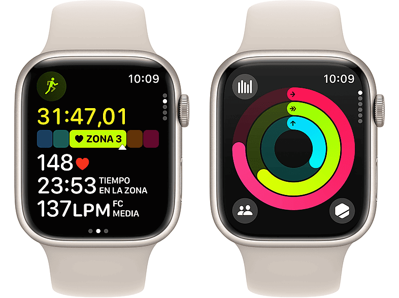 Apple Watch Series 9 (2023), GPS, 45 mm, Gesto de doble toque, Caja de aluminio blanco estrella, Correa deportiva blanco estrella, Talla S/M