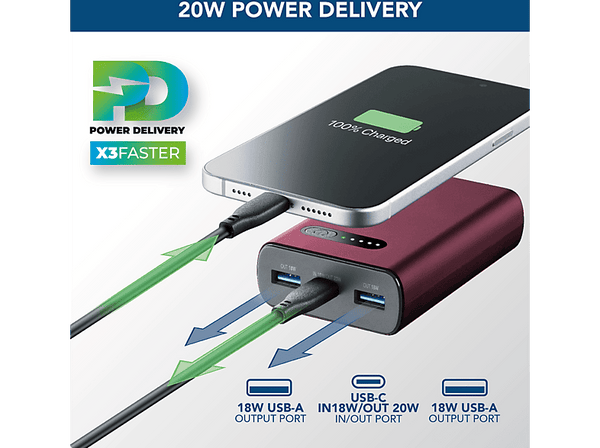Powerbank - CellularLine FAST, 10000 mAh, 20W, USB-C, Rojo