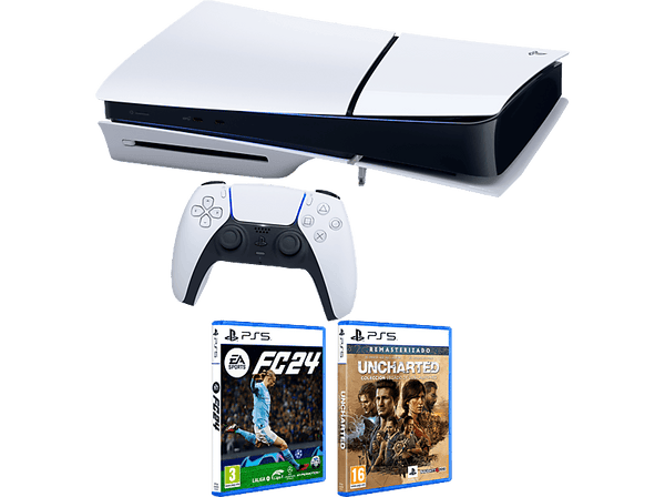 Consola - Sony PlayStation 5 Slim Standard, 1 TB SSD, 1 mando + Juego EA Sports FC24 + Juego Uncharted: Colección Legado de los Ladrones