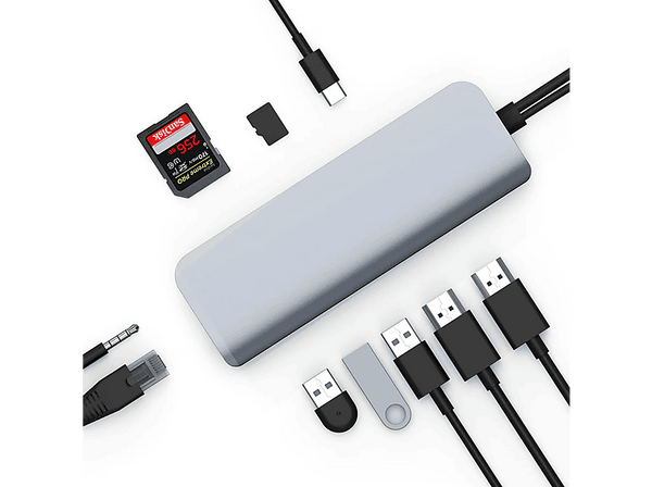 Hub USB - Hyper HD392, 10 Puertos en 2, Para Mackbook Air/Pro, 5 Gbit/s, Plata