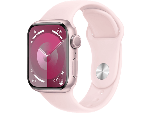 Apple Watch Series 9 (2023), GPS, 41 mm, Gesto de doble toque, Caja de aluminio rosa, Correa deportiva rosa, Talla S/M
