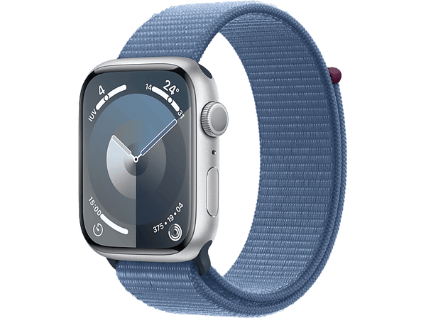 Apple Watch Series 9 (2023), GPS, 45 mm, Gesto de doble toque, Caja de aluminio plata, Correa Sport Loop azul invierno