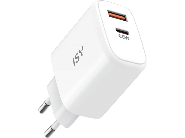 Cargador de pared - ISY IWC-4065-1, 65 W, Carga rápida, tecnología GaN, Blanco