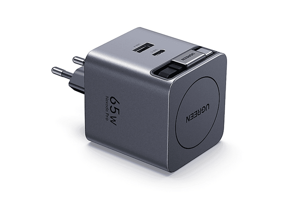 Cargador de pared - Ugreen GaN Carga Rápida con cable USB-C Retráctil, Universal, 65W, 1x USB-C, 1x USB-A, Plata
