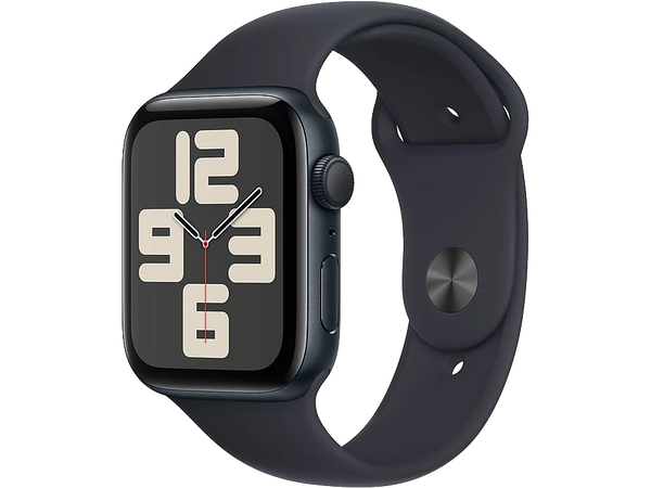 APPLE Watch SE (2023), GPS, 44 mm, Caja de aluminio medianoche, Vidrio delantero Ion-X, Talla M/L, Correa deportiva medianoche