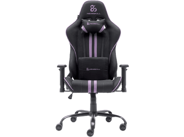 Silla gaming - Newskill Kitsune V2, Reposabrazos 2D, Hasta 136 kg, Tela Transpirable, Cojines Lumbar y Cervical, Reclinable en 180º, Morado