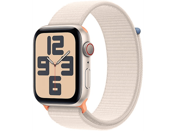 APPLE Watch SE (2023), GPS+CELL, 44 mm, Caja de aluminio blanco estrella, Vidrio delantero Ion-X, Correa Sport Loop blanco estrella