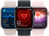 Apple Watch Series 9 (2023), GPS+CELL, 45 mm, Gesto de doble toque, Caja de acero inoxidable plata, Correa deportiva azul tempestad, Talla M/L