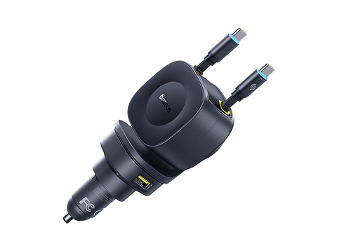 Cargador coche - Baseus PrimeTrip VR2 Max, Universal, Tipo C y USB, Sistema retráctil magnético, Carga rápida multidispositivo, Giro 450º, 100W, Negro
