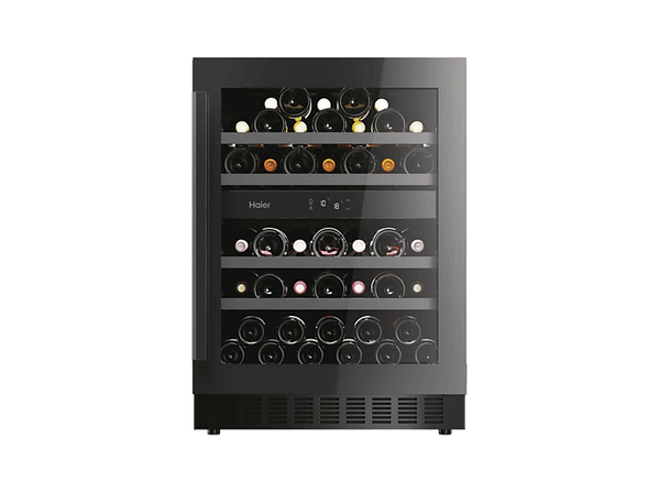 Vinoteca integrable - Haier HAKWBD 60, Ventilador, 44 Botellas, Luz LED, 2 Zonas, Estantes de Madera, Negro