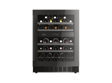 Vinoteca integrable - Haier HAKWBD 60, Ventilador, 44 Botellas, Luz LED, 2 Zonas, Estantes de Madera, Negro