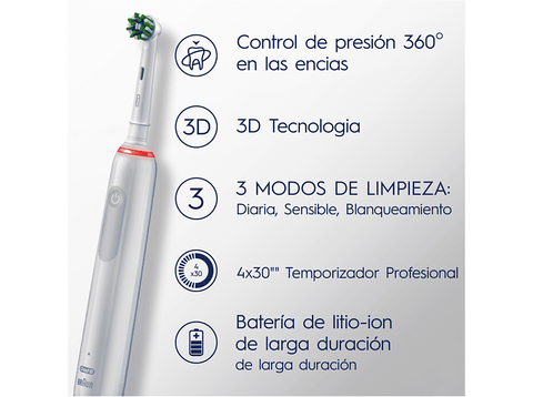 Cepillo eléctrico - Oral-B Pro 3 3500, Estuche de viaje, Sensor de presión, 2 Recambios, Blanco