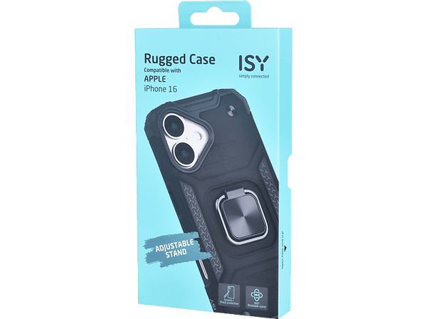 Funda - Isy ISC 6106, Compatible con iPhone 16, Resistente a Golpes, Soporte Plegable Integrado, Negro