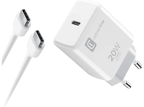 Cargador - CellularLine ACHIPHKITC2CPD20WW, Kit cargador y cable, Para iPhone, USB-C, 20W, Blanco