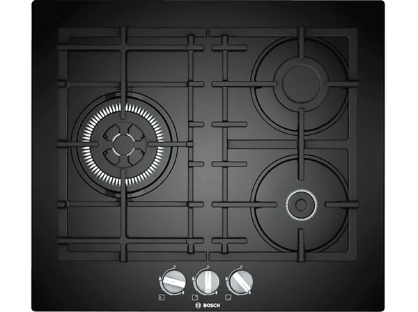Placa de gas - Bosch PNC6B6B90, 3 quemadores, Gas natural, 60 cm, Cristal templado, Quemador Wok, Negro