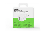 Cargador de pared - Belkin BoostCharge Pro 3-Port GaN, Universal, 3 Puertos, 70 W, USB-C y USB-A, Blanco