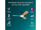 Ventilador de techo - Philips Olas 28 W + 24 W, LED, 3 Velocidades, Negro/Madera