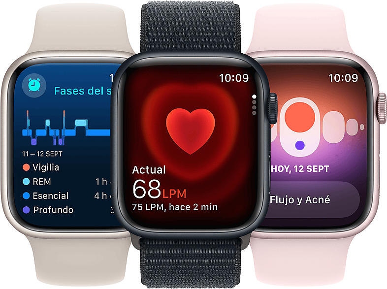 Apple Watch Series 9 (2023), GPS, 45 mm, Gesto de doble toque, Caja de aluminio plata, Correa deportiva azul tempestad, Talla M/L