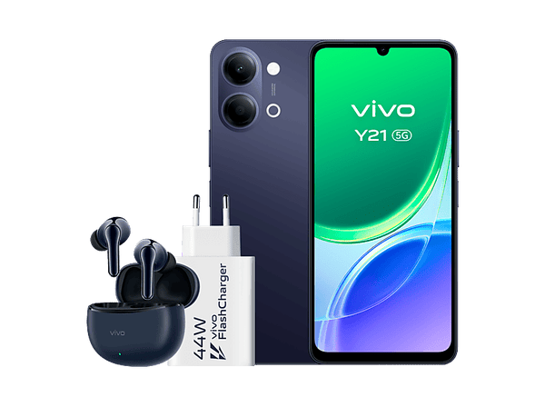 Móvil - vivo Y21 5G, Voyage Black, 256GB, 4GB RAM, 6.74" 1200 nits, MediaTek Dimensity 6300, 6500mAh + Auriculares TWS 3e + Cargador FlashCharger 44W
