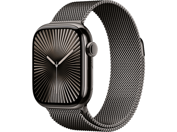 Apple Watch Series 10 (2024), GPS + Cellular, 42 mm, Gesto de doble toque, Caja de titanio Pizarra, Correa Milanese Loop Pizarra