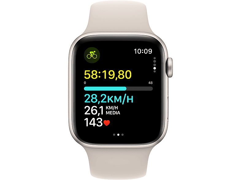 APPLE Watch SE (2023), GPS+CELL, 44 mm, Caja de aluminio blanco estrella, Vidrio delantero Ion-X, Talla M/L, Correa deportiva blanco estrella