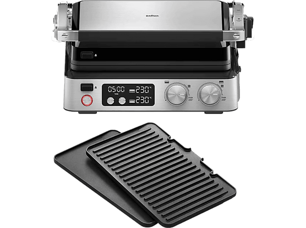 Grill - Braun CG7040, 2000 W, Posiciones 3 en 1, Temperatura ajustable, Placas de 29x23 cm, Plata