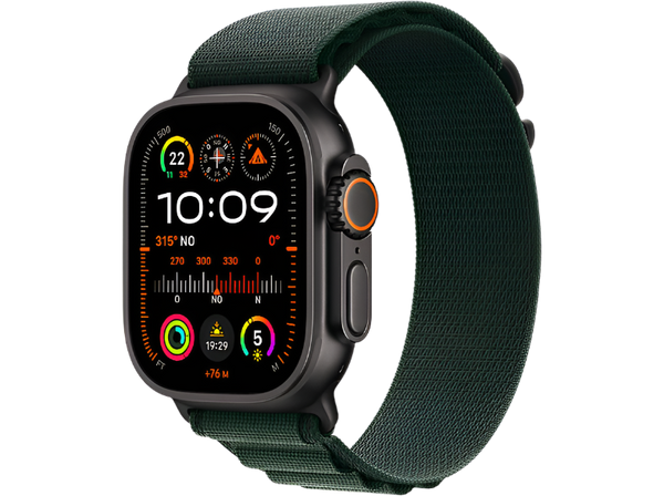 Apple Watch Ultra 2 (2024), GPS + Cellular, 49 mm, Caja de Titanio Negro, Gesto doble toque, Correa Alpine Loop de color Verde oscuro, Talla M