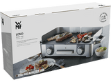 Barbacoa - WMF Lono Master Grill, 2400W, Antiadherente, Regulador temperatura, 2 zonas, Bandeja antigoteo extraíble, Acero inoxidable Cromargan, Plata