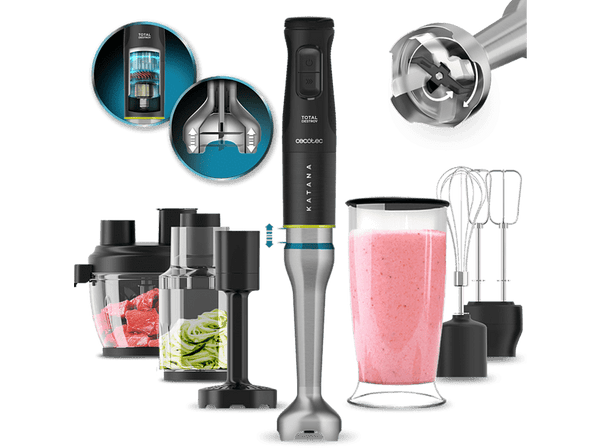 Batidora de mano - Cecotec Katana 15 TotalDestroy Full B, 1500 W, 8 cuchillas, 21 velocidades, Turbo, Set completo, Brazo XL, Black