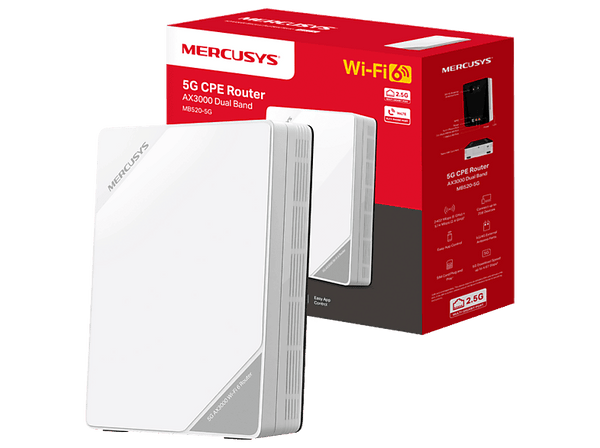 Router - Mercusys MB520-5G WiFi 6, 2402 Mbps, Ranura Nano SIM, Puerto LAN/WAN 2.5G, Hasta 256 Dispositivos, Compatible con EasyMesh y VoLTE, Blanco