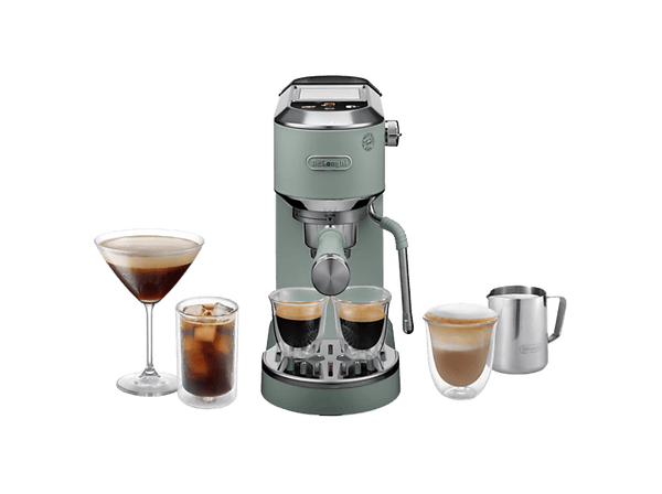 Cafetera express - De'Longhi EC890.GR Dedica Duo Cold Brew, 15 bar, 1450 W, 1.1 l, Capacidad para 2 tazas, Verde jade